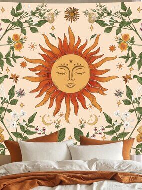 Boho Sun Wall Tapestry for Bedroom, Bohemian Sun Flowers Hippie Tapestries Aesth